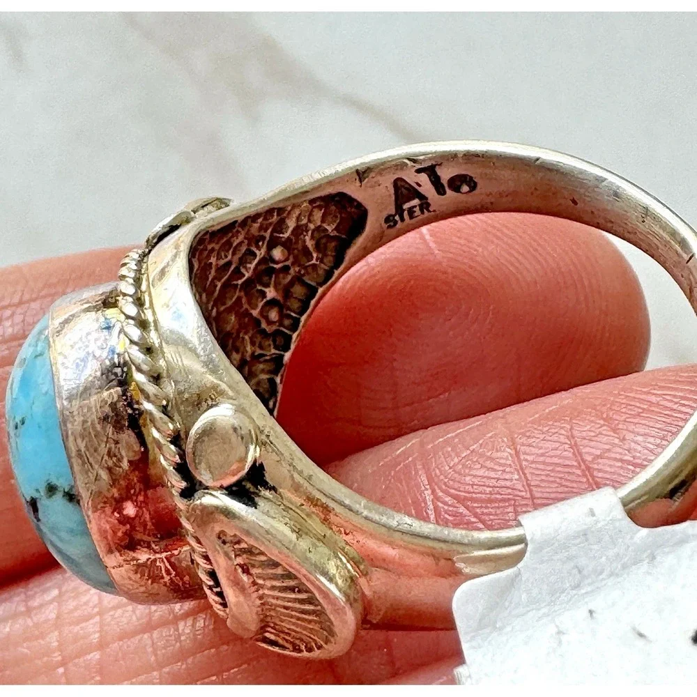 Navajo Mens Band Turquoise Ring Sz 12 Signed AT 19mm Native American Blue‎